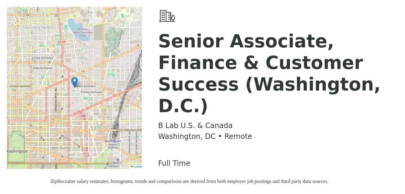 B Lab U.S. & Canada job posting for a Senior Associate, Finance & Customer Success (Washington, D.C.) in Washington, DC with a salary of $69,100 to $105,900 Yearly with a map of Washington location.