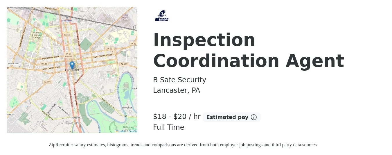 B Safe Security job posting for a Inspection Coordination Agent in Lancaster, PA with a salary of $19 to $21 Hourly with a map of Lancaster location.