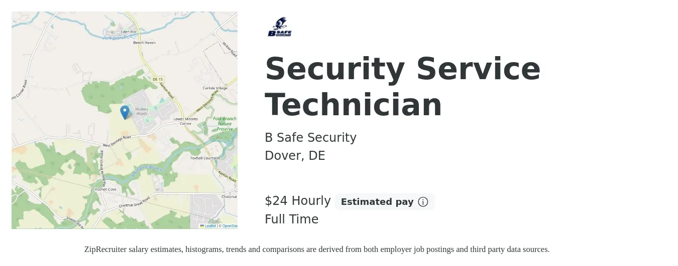 B Safe Security job posting for a Security Service Technician in Dover, DE with a salary of $25 Hourly with a map of Dover location.