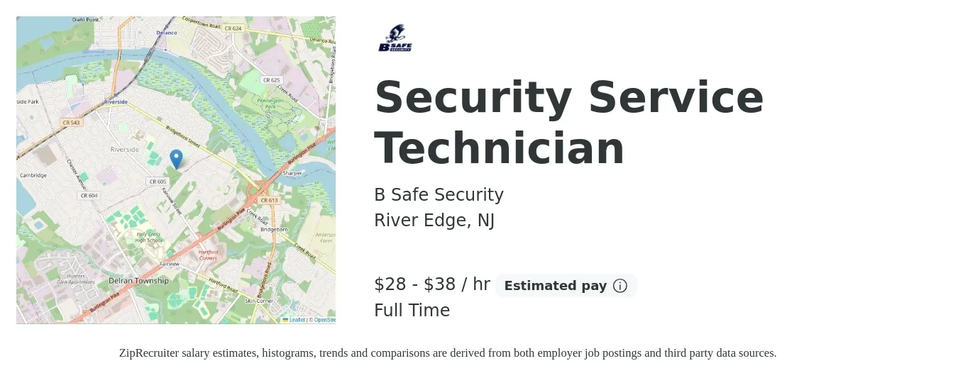 B Safe Security job posting for a Security Service Technician in River Edge, NJ with a salary of $30 to $40 Hourly with a map of River Edge location.