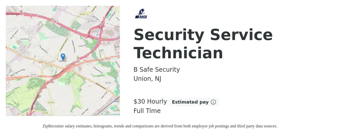 B Safe Security job posting for a Security Service Technician in Union, NJ with a salary of $32 Hourly with a map of Union location.