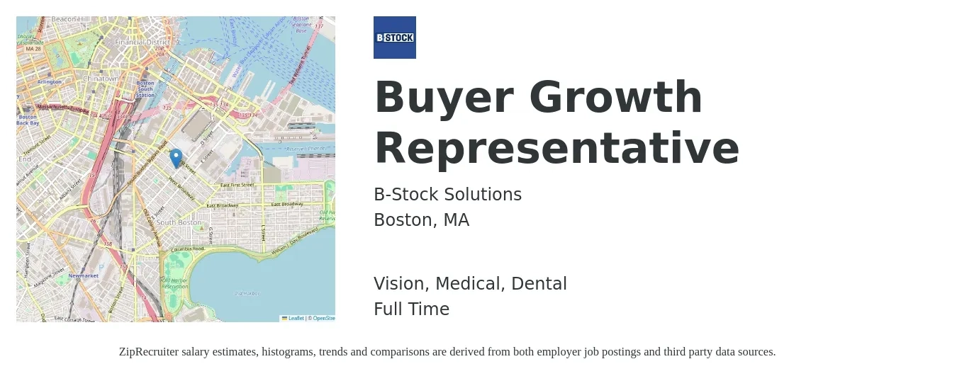 B-Stock Solutions job posting for a Buyer Growth Representative in Boston, MA with a salary of $54,300 to $82,000 Yearly and benefits including medical, pto, retirement, vision, dental, and life_insurance with a map of Boston location.