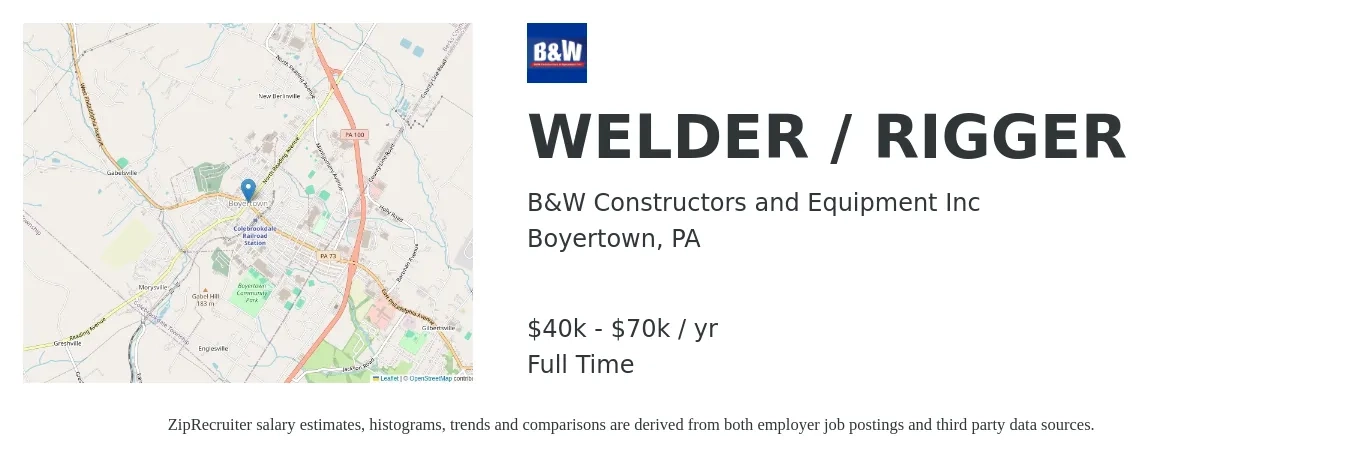 B&W Constructors and Equipment Inc job posting for a WELDER / RIGGER in Boyertown, PA with a salary of $40,000 to $70,000 Yearly with a map of Boyertown location.