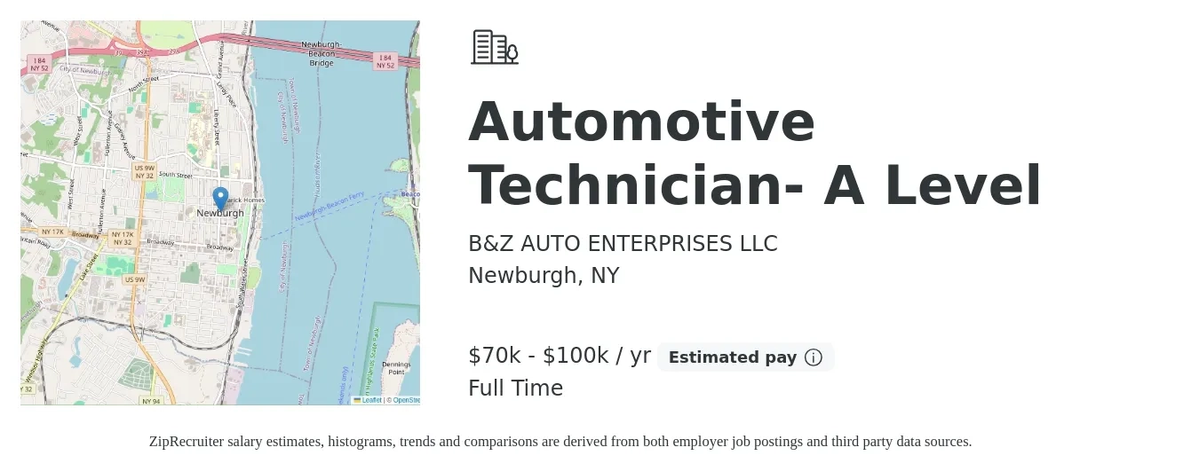 B&Z AUTO ENTERPRISES LLC job posting for a Automotive Technician- A Level in Newburgh, NY with a salary of $70,000 to $100,000 Yearly with a map of Newburgh location.