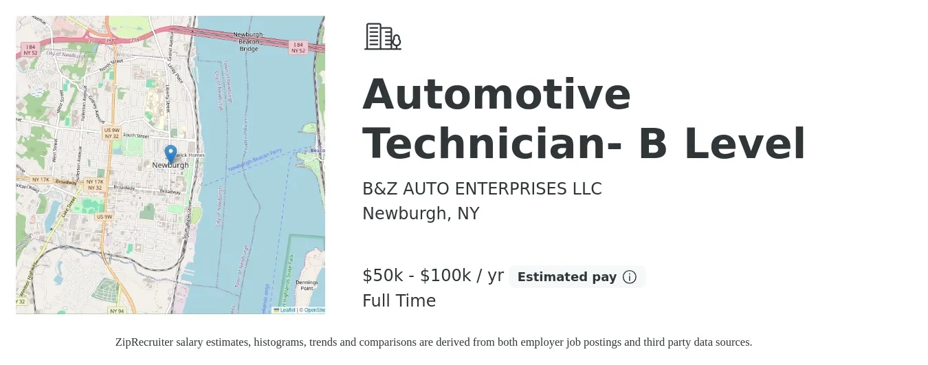 B&Z AUTO ENTERPRISES LLC job posting for a Automotive Technician- B Level in Newburgh, NY with a salary of $50,000 to $100,000 Yearly with a map of Newburgh location.