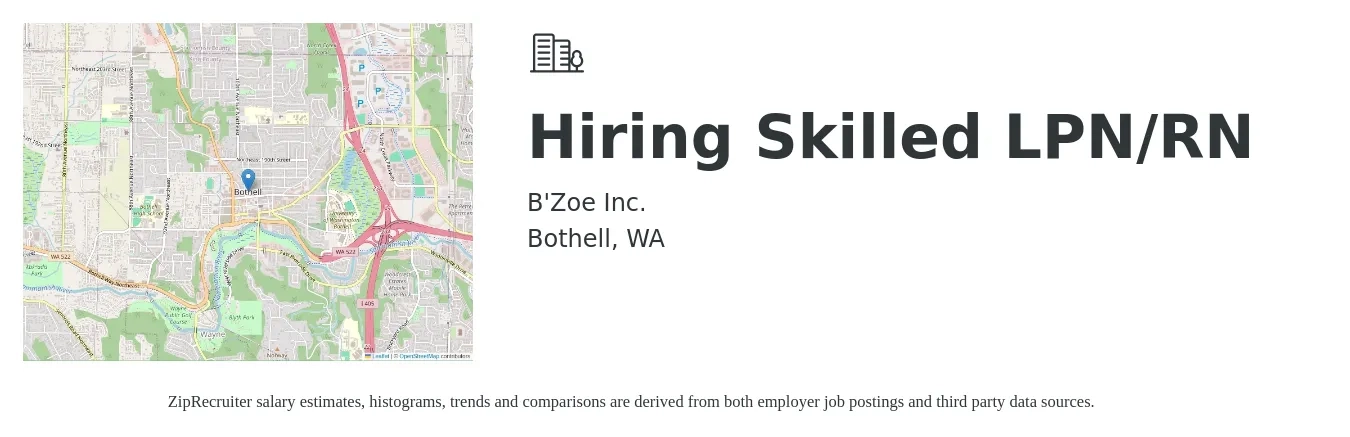 B'Zoe Inc. job posting for a Hiring Skilled LPN/RN in Bothell, WA with a salary of $31 to $42 Hourly with a map of Bothell location.