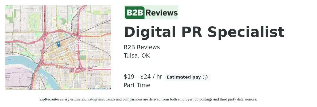 B2B Reviews job posting for a Digital PR Specialist in Tulsa, OK with a salary of $20 to $25 Hourly with a map of Tulsa location.