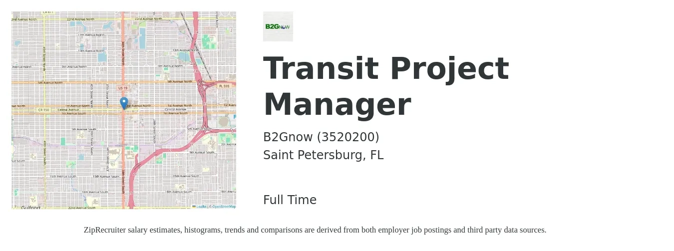 B2Gnow (3520200) job posting for a Transit Project Manager in Saint Petersburg, FL with a salary of $74,200 to $116,300 Yearly with a map of Saint Petersburg location.