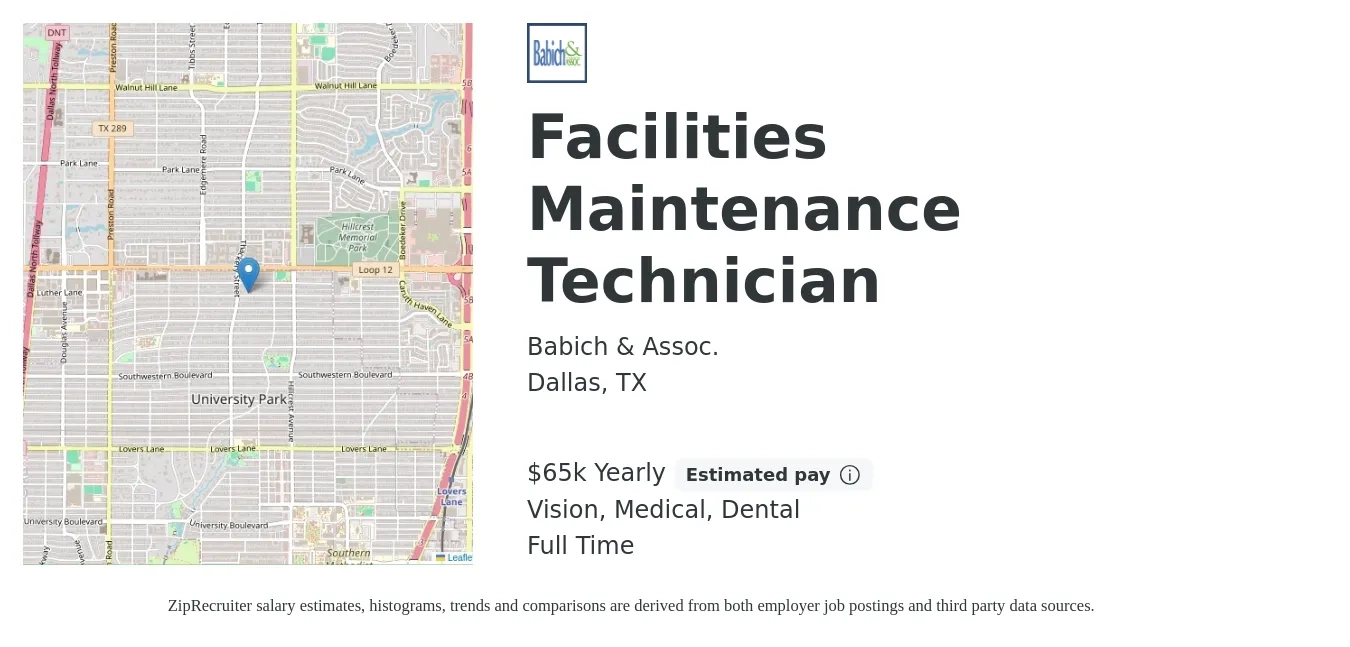 Babich & Assoc. job posting for a Facilities Maintenance Technician in Dallas, TX with a salary of $65,000 Yearly and benefits including life_insurance, medical, retirement, vision, and dental with a map of Dallas location.