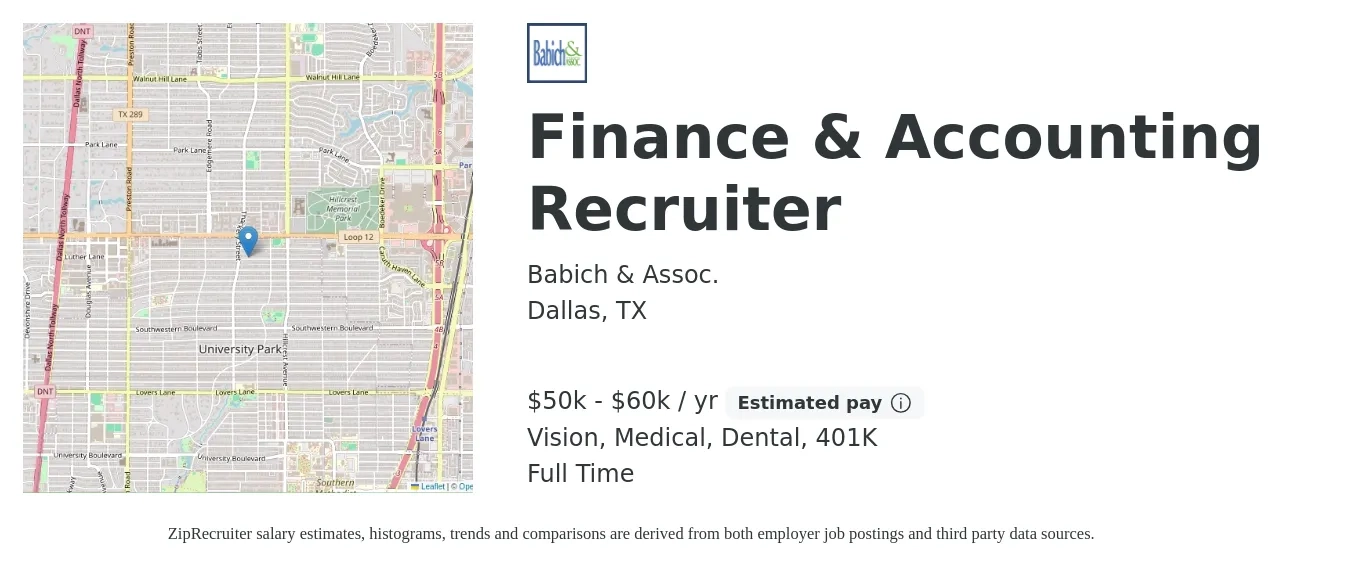 Babich & Assoc. job posting for a Finance & Accounting Recruiter in Dallas, TX with a salary of $50,000 to $60,000 Yearly (plus commission) and benefits including 401k, dental, life_insurance, medical, and vision with a map of Dallas location.