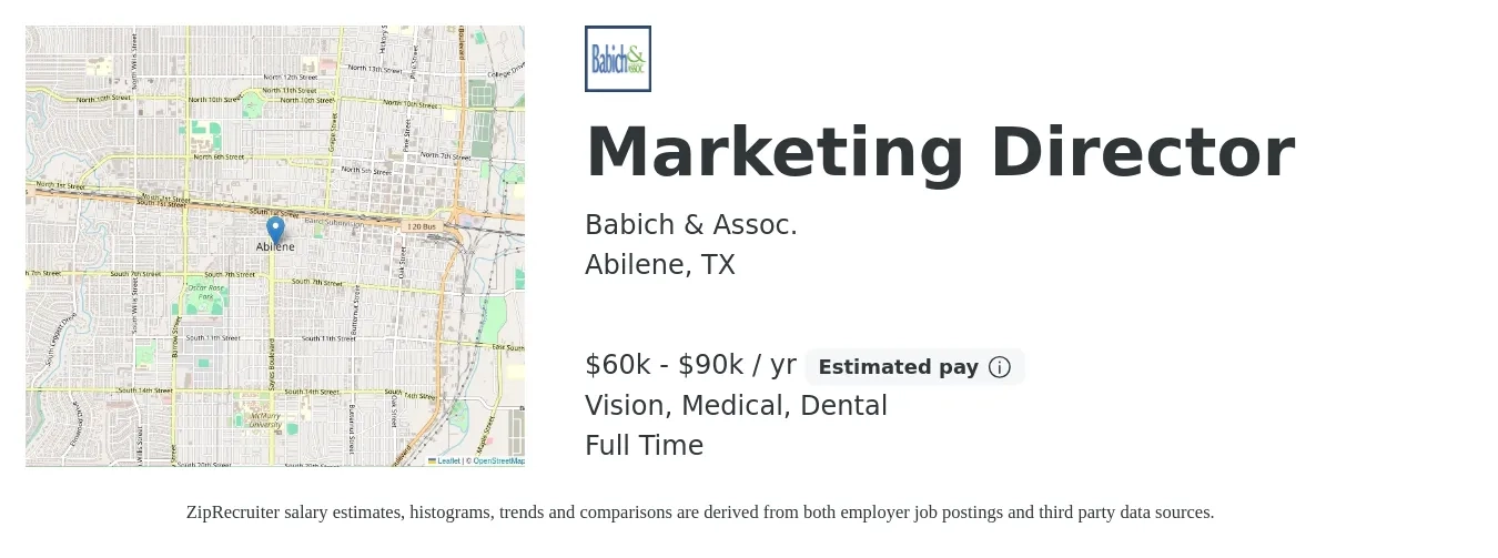 Babich & Assoc. job posting for a Marketing Director in Abilene, TX with a salary of $60,000 to $90,000 Yearly and benefits including dental, life_insurance, medical, retirement, and vision with a map of Abilene location.