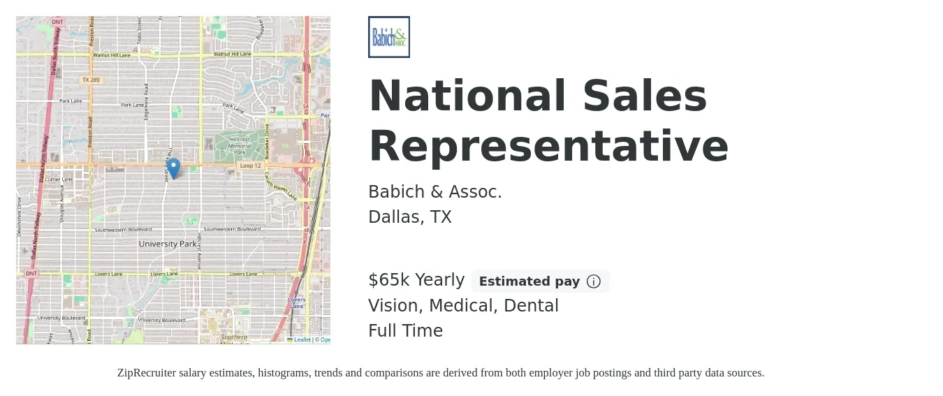 Babich & Assoc. job posting for a National Sales Representative in Dallas, TX with a salary of $65,000 Yearly (plus commission) and benefits including dental, life_insurance, medical, retirement, and vision with a map of Dallas location.