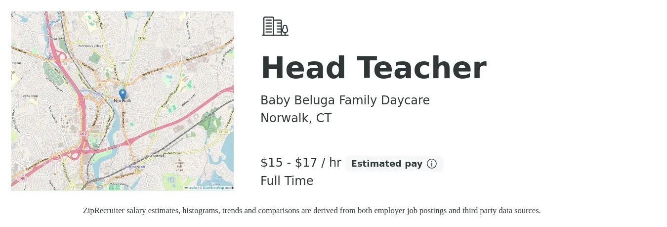 Baby Beluga Family Daycare job posting for a Head Teacher in Norwalk, CT with a salary of $16 to $18 Hourly with a map of Norwalk location.
