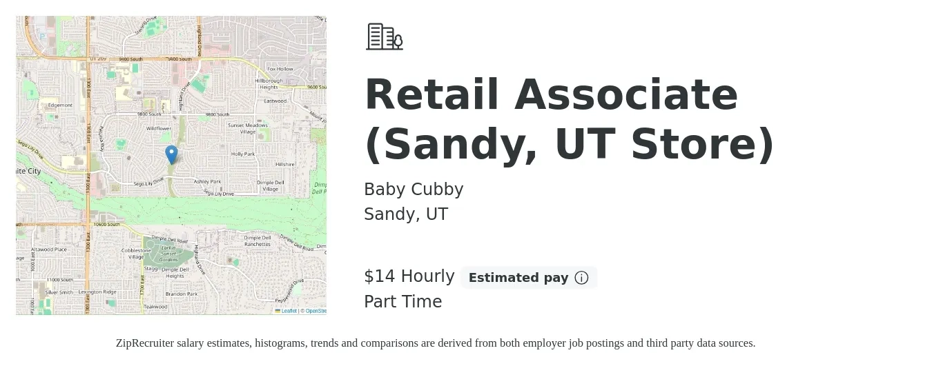 Baby Cubby job posting for a Retail Associate (Sandy, UT Store) in Sandy, UT with a salary of $15 Hourly with a map of Sandy location.