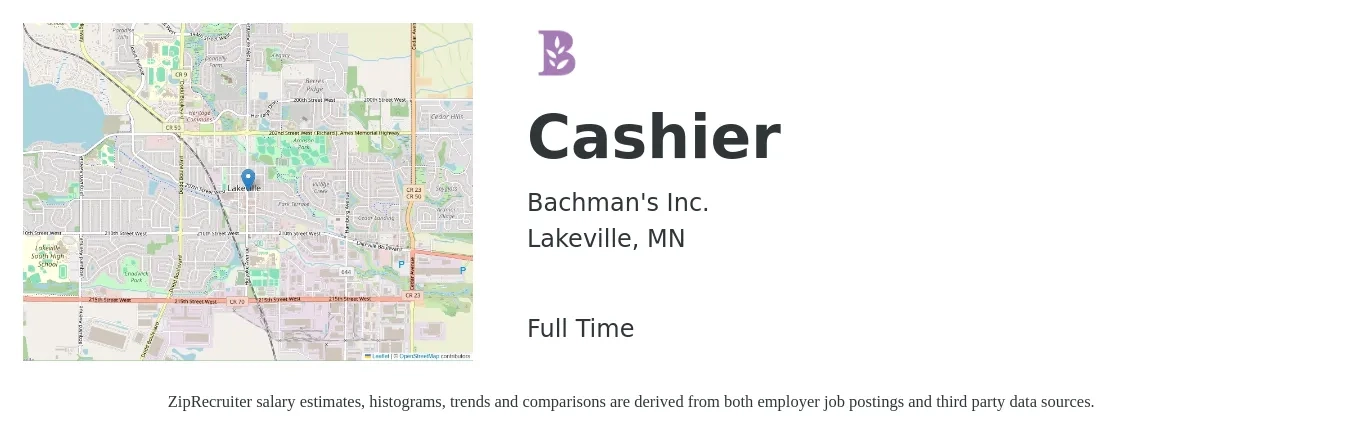 Bachman's Inc. job posting for a Cashier in Lakeville, MN with a salary of $12 to $16 Hourly with a map of Lakeville location.