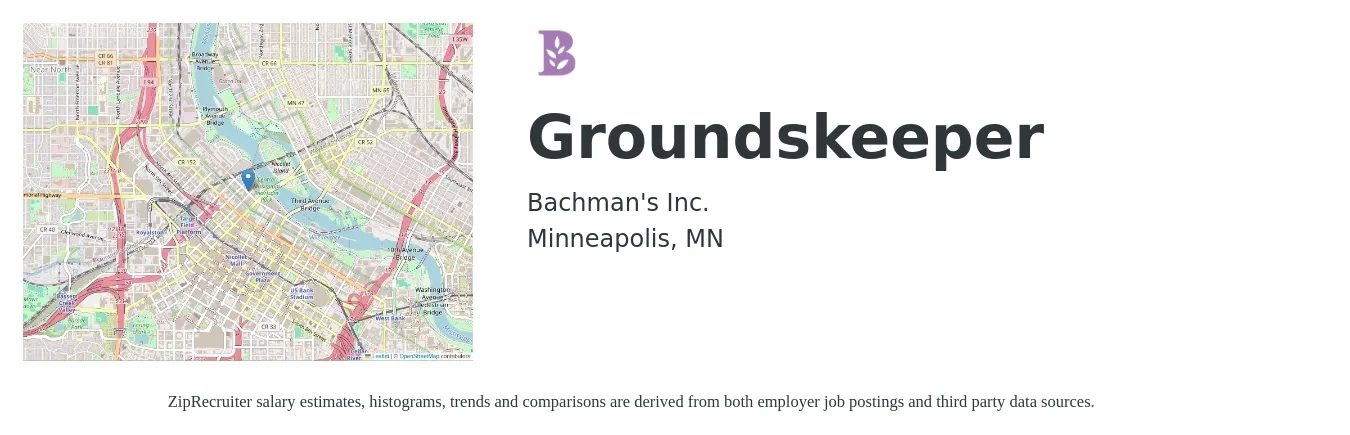 Bachman's Inc. job posting for a Groundskeeper in Minneapolis, MN with a salary of $16 to $20 Hourly with a map of Minneapolis location.