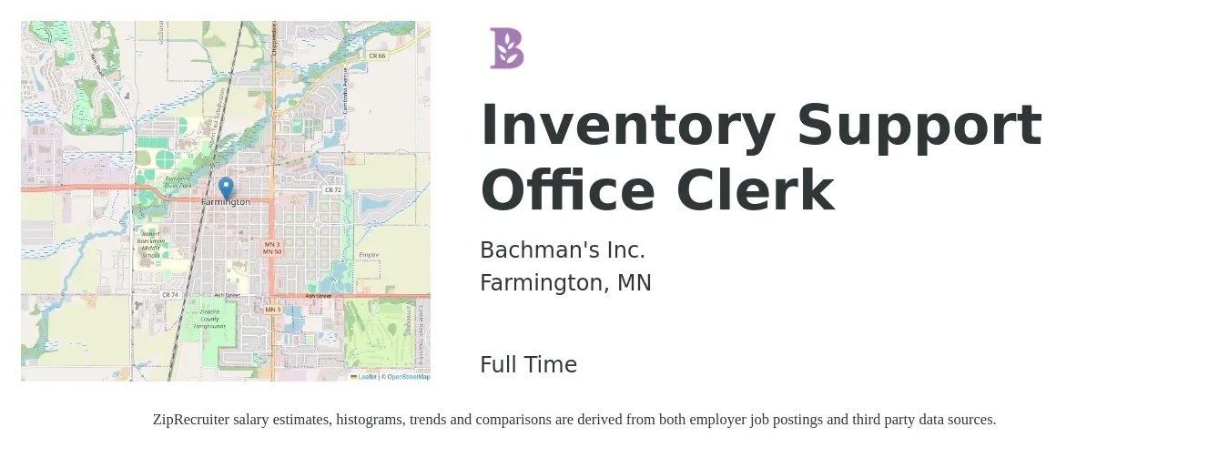 Bachman's Inc. job posting for a Inventory Support Office Clerk in Farmington, MN with a salary of $33,300 to $40,400 Yearly with a map of Farmington location.