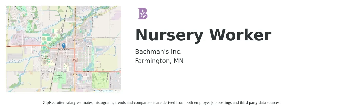 Bachman's Inc. job posting for a Nursery Worker in Farmington, MN with a salary of $15 to $19 Hourly with a map of Farmington location.
