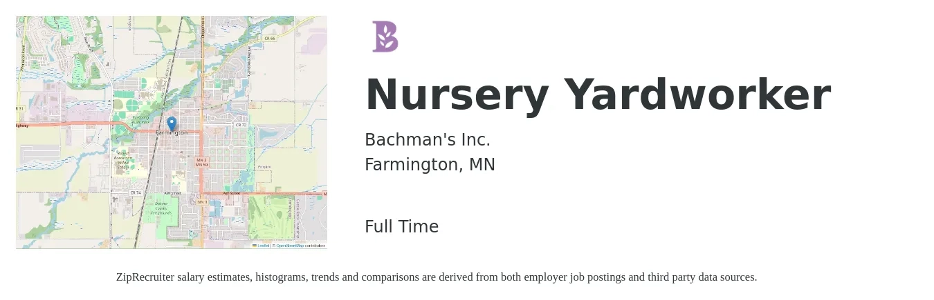 Bachman's Inc. job posting for a Nursery Yardworker in Farmington, MN with a salary of $20 to $31 Hourly with a map of Farmington location.