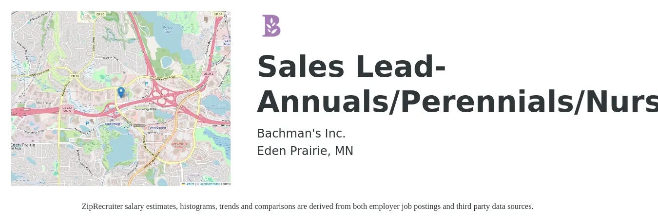 Bachman's Inc. job posting for a Sales Lead- Annuals/Perennials/Nursery in Eden Prairie, MN with a salary of $15 to $19 Hourly with a map of Eden Prairie location.