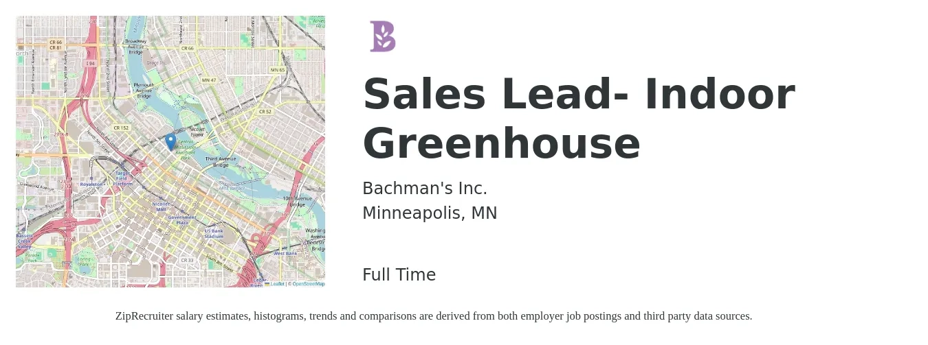 Bachman's Inc. job posting for a Sales Lead- Indoor Greenhouse in Minneapolis, MN with a salary of $37,500 to $102,600 Yearly with a map of Minneapolis location.