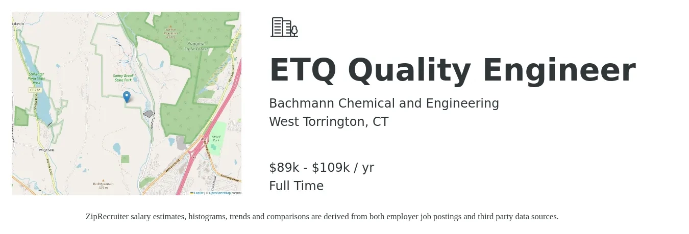 Bachmann Chemical and Engineering job posting for a ETQ Quality Engineer in West Torrington, CT with a salary of $89,122 to $109,722 Yearly with a map of West Torrington location.