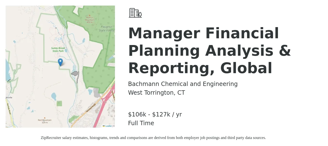 Bachmann Chemical and Engineering job posting for a Manager Financial Planning Analysis & Reporting, Global in West Torrington, CT with a salary of $106,023 to $127,023 Yearly with a map of West Torrington location.
