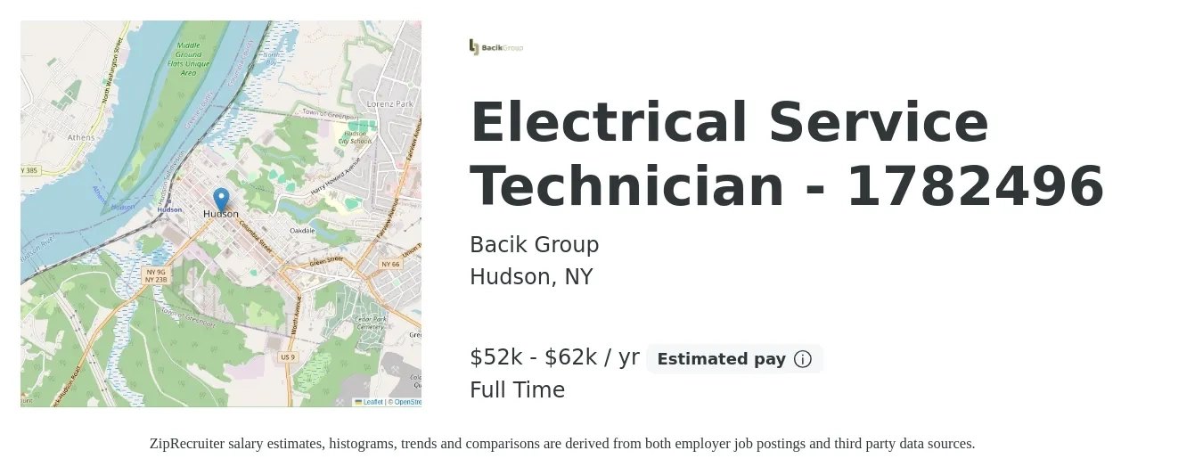 Bacik Group job posting for a Electrical Service Technician - 1782496 in Hudson, NY with a salary of $52,000 to $62,400 Yearly with a map of Hudson location.