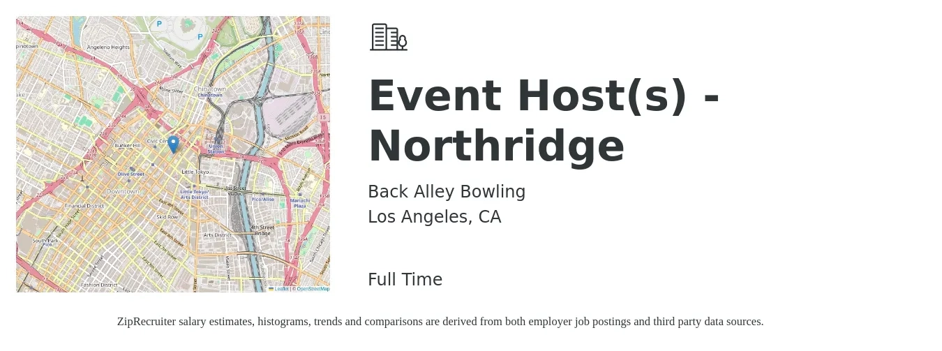 Back Alley Bowling job posting for a Event Host(s) - Northridge in Los Angeles, CA with a salary of $15 to $20 Hourly with a map of Los Angeles location.