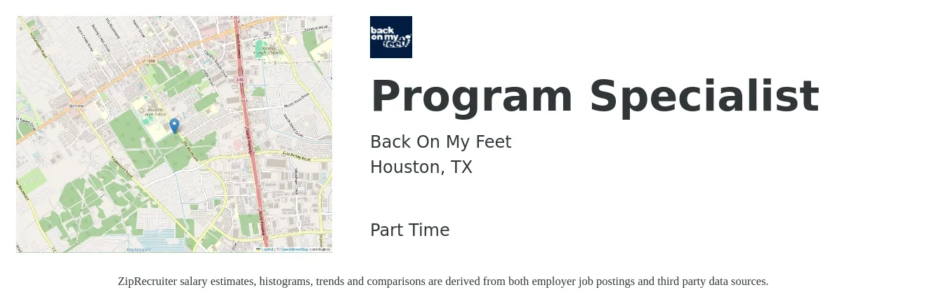Back On My Feet job posting for a Program Specialist in Houston, TX with a salary of $47,700 to $75,400 Yearly with a map of Houston location.