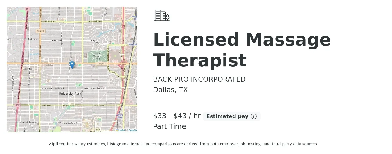 BACK PRO INCORPORATED job posting for a Licensed Massage Therapist in Dallas, TX with a salary of $35 to $45 Hourly with a map of Dallas location.