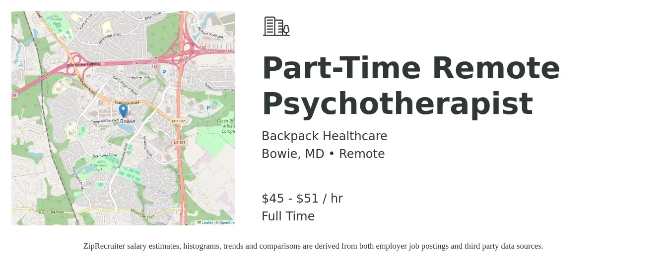 Backpack Healthcare job posting for a Part-Time Remote Psychotherapist in Bowie, MD with a salary of $48 to $54 Hourly with a map of Bowie location.