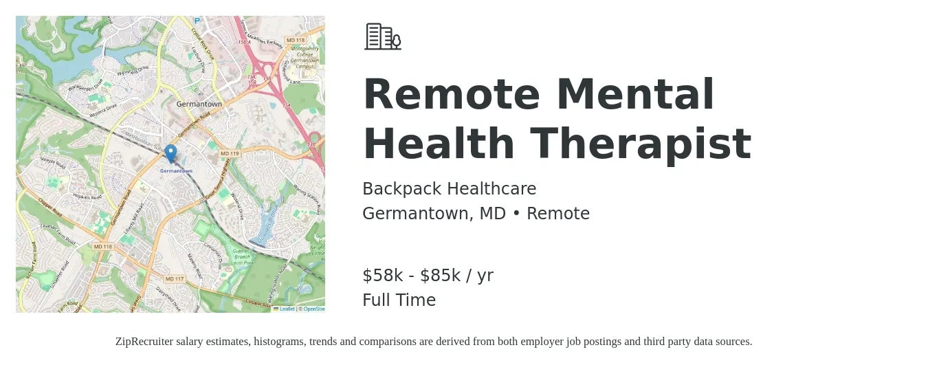 Backpack Healthcare job posting for a Remote Mental Health Therapist in Germantown, MD with a salary of $58,000 to $85,000 Yearly with a map of Germantown location.
