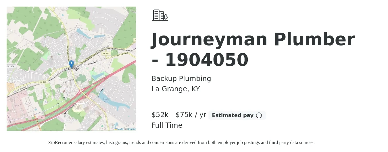 Backup Plumbing job posting for a Journeyman Plumber - 1904050 in La Grange, KY with a salary of $52,000 to $75,000 Yearly with a map of La Grange location.