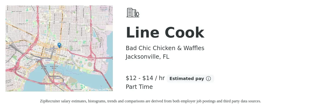 Bad Chic Chicken & Waffles job posting for a Line Cook in Jacksonville, FL with a salary of $13 to $15 Hourly with a map of Jacksonville location.