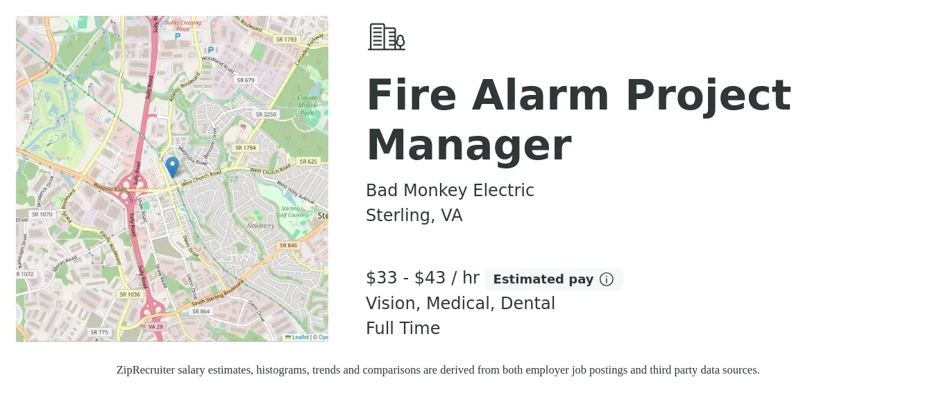 Bad Monkey Electric job posting for a Fire Alarm Project Manager in Sterling, VA with a salary of $35 to $45 Hourly (plus commission) and benefits including medical, pto, vision, dental, and life_insurance with a map of Sterling location.