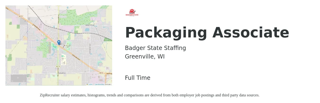 Badger State Staffing job posting for a Packaging Associate in Greenville, WI with a salary of $14 to $18 Hourly with a map of Greenville location.