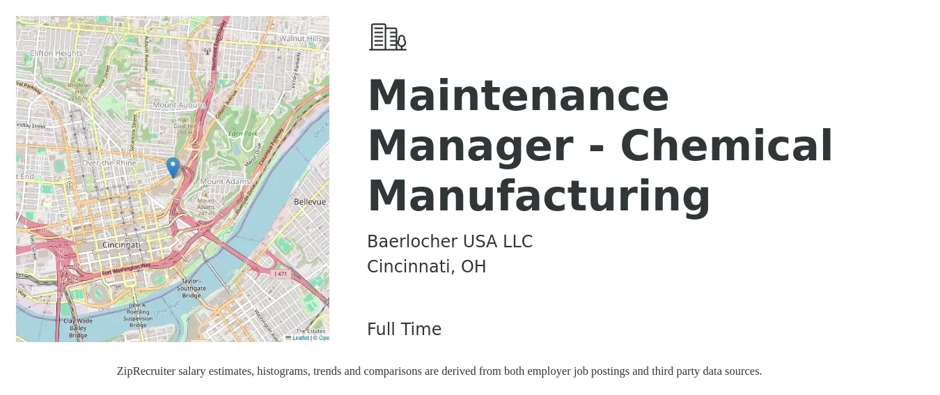 Baerlocher USA LLC job posting for a Maintenance Manager - Chemical Manufacturing in Cincinnati, OH with a salary of $22 to $37 Hourly with a map of Cincinnati location.