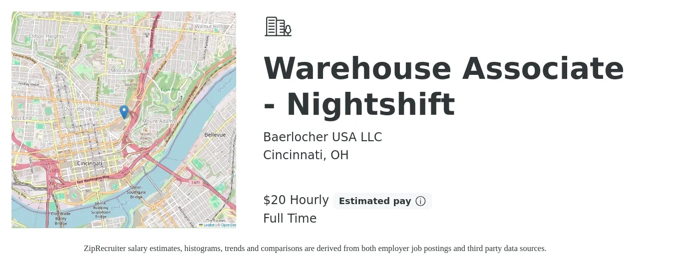 Baerlocher USA LLC job posting for a Warehouse Associate - Nightshift in Cincinnati, OH with a salary of $22 Hourly with a map of Cincinnati location.