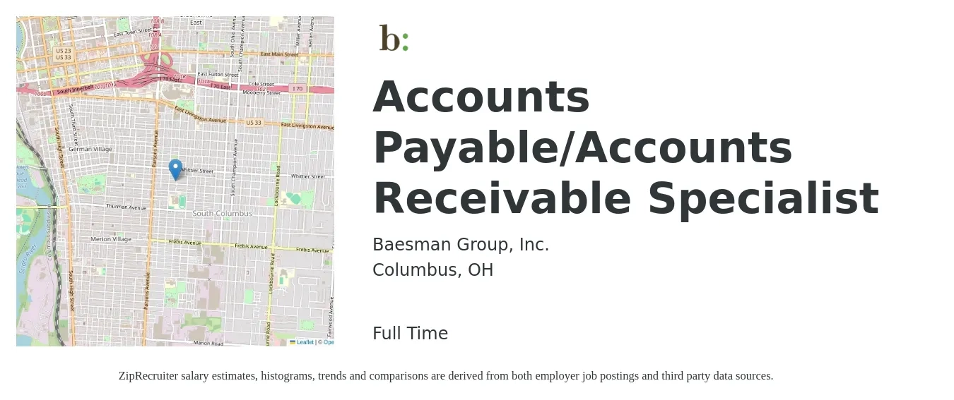 Baesman Group, Inc. job posting for a Accounts Payable/Accounts Receivable Specialist in Columbus, OH with a salary of $20 to $26 Hourly with a map of Columbus location.