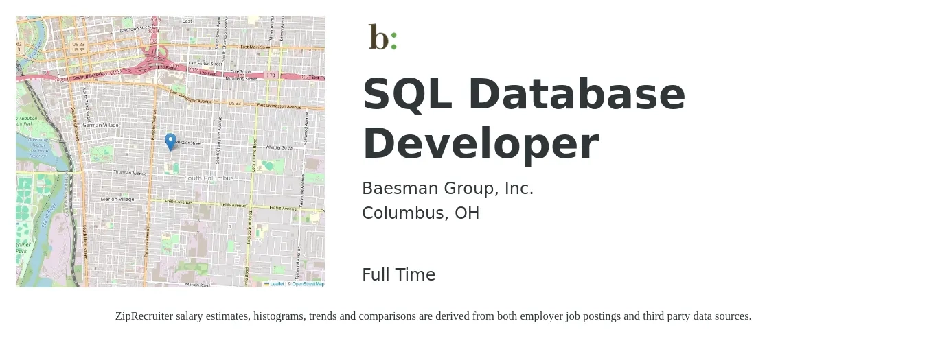 Baesman Group, Inc. job posting for a SQL Database Developer in Columbus, OH with a salary of $46 to $62 Hourly with a map of Columbus location.