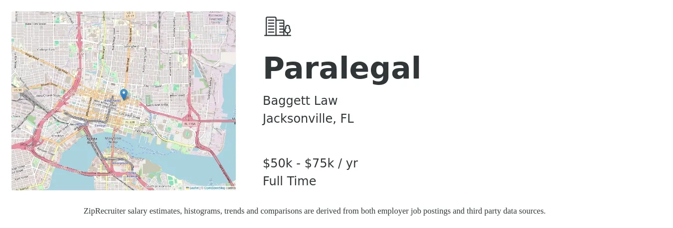 Baggett Law job posting for a Paralegal in Jacksonville, FL with a salary of $50,000 to $75,000 Yearly with a map of Jacksonville location.