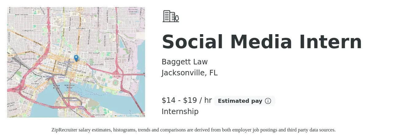 Baggett Law job posting for a Social Media Intern in Jacksonville, FL with a salary of $15 to $20 Hourly with a map of Jacksonville location.