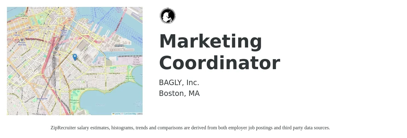 BAGLY, Inc. job posting for a Marketing Coordinator in Boston, MA with a salary of $47,500 to $52,000 Yearly with a map of Boston location.