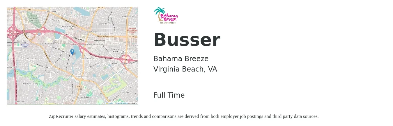 Bahama Breeze job posting for a Busser in Virginia Beach, VA with a salary of $10 to $15 Hourly with a map of Virginia Beach location.
