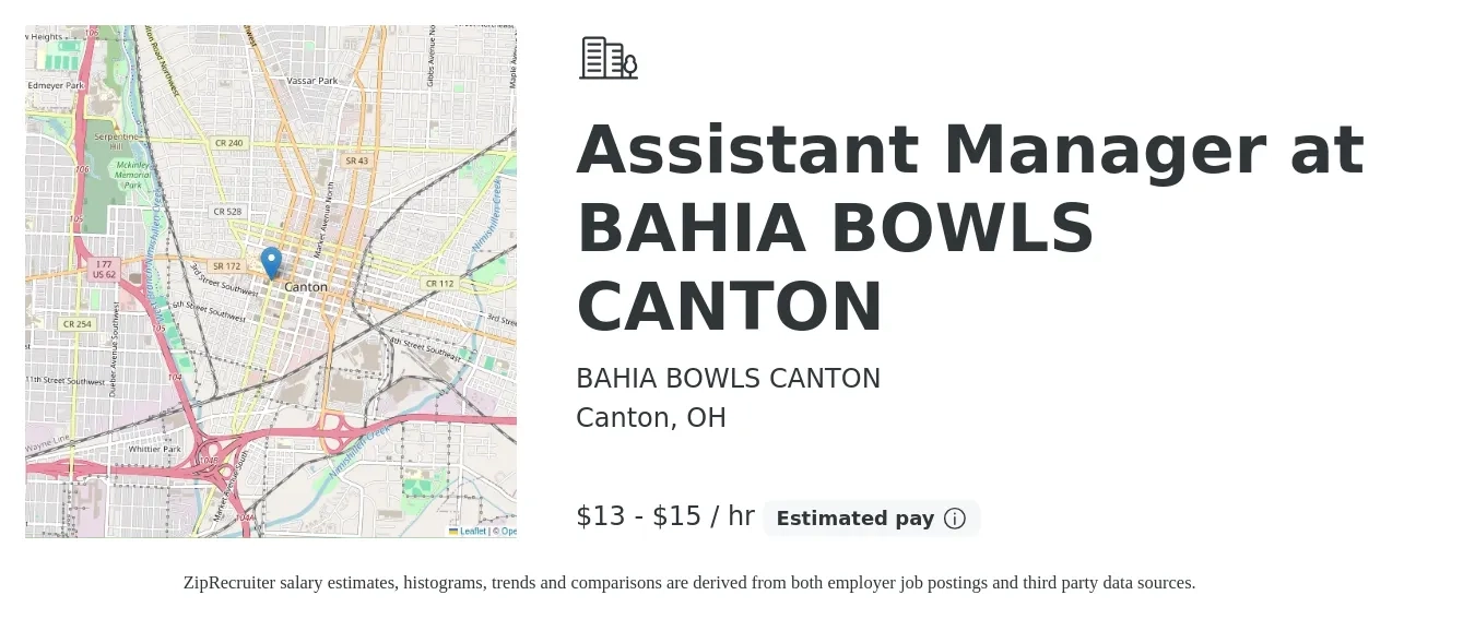 BAHIA BOWLS CANTON job posting for a Assistant Manager at BAHIA BOWLS CANTON in Canton, OH with a salary of $14 to $16 Hourly with a map of Canton location.