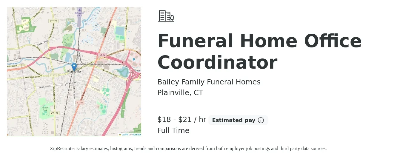 Bailey Family Funeral Homes job posting for a Funeral Home Office Coordinator in Plainville, CT with a salary of $19 to $22 Hourly with a map of Plainville location.