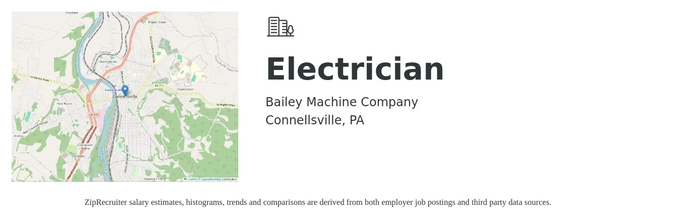 Bailey Machine Company job posting for a Electrician in Connellsville, PA with a salary of $18 to $28 Hourly with a map of Connellsville location.