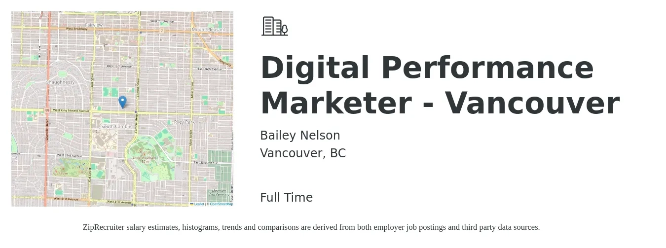 Bailey Nelson job posting for a Digital Performance Marketer - Vancouver in Vancouver, BC with a map of Vancouver location.