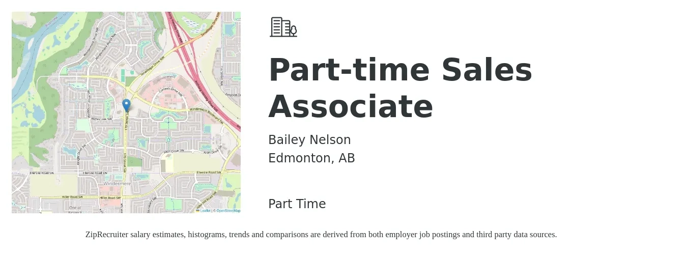 Bailey Nelson job posting for a Part-Time Sales Associate in Edmonton, AB with a salary of $17 Hourly with a map of Edmonton location.